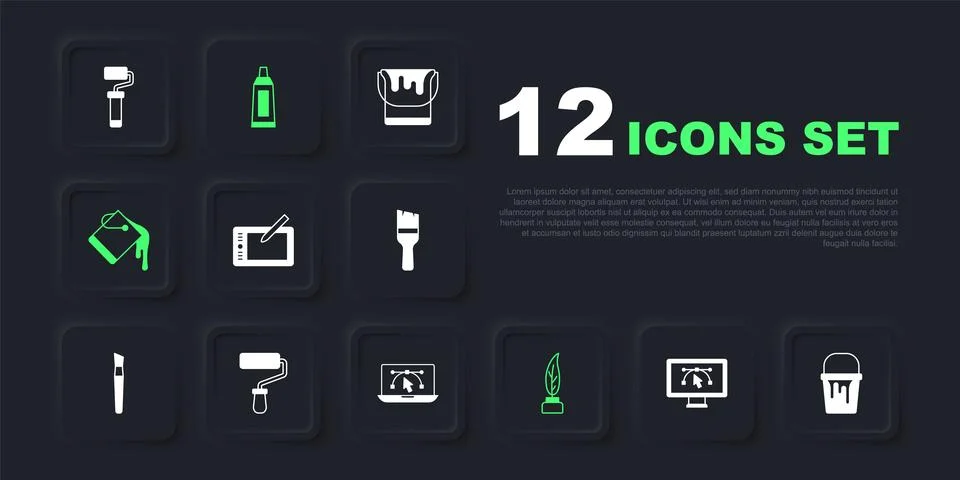 Set Computer with design program, Paint bucket, Graphic tablet, Feather and.. Stockillustratie