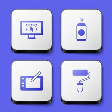 Set Computer with design program Paint spray can Graphic tablet and roller br Illustrazione stock