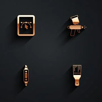 Set Computer with design program Paint spray gun Marker pen and brush icon wi Stock Illustration