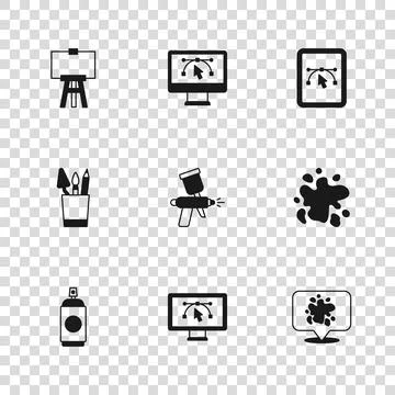 Set Computer with design program, Paint spray, gun, Wood easel,  and Pencil.. Illustrazione stock