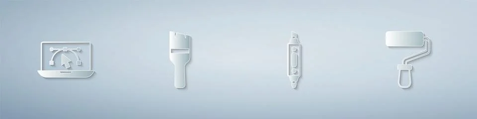 Set Computer with design program, Paint brush, Marker pen and roller. Paper.. Stock Illustration