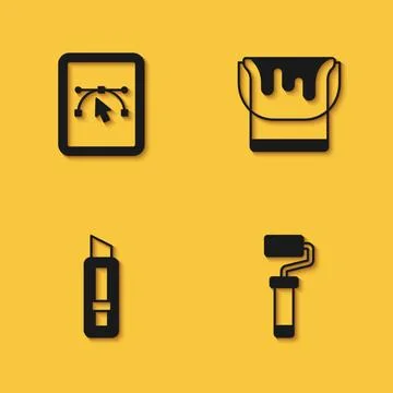 Set Computer with design program, Paint roller brush, Stationery knife and .. Stock Illustration