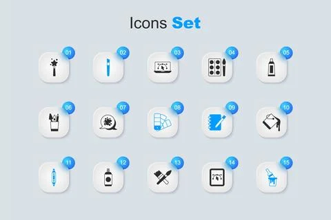Set Computer with design program, Paint spray, brush, Marker pen, bucket, M.. Stock Illustration