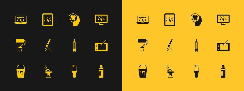 Set Computer with design program, Paint bucket brush, Pencil eraser, spray,.. Illustrazione stock