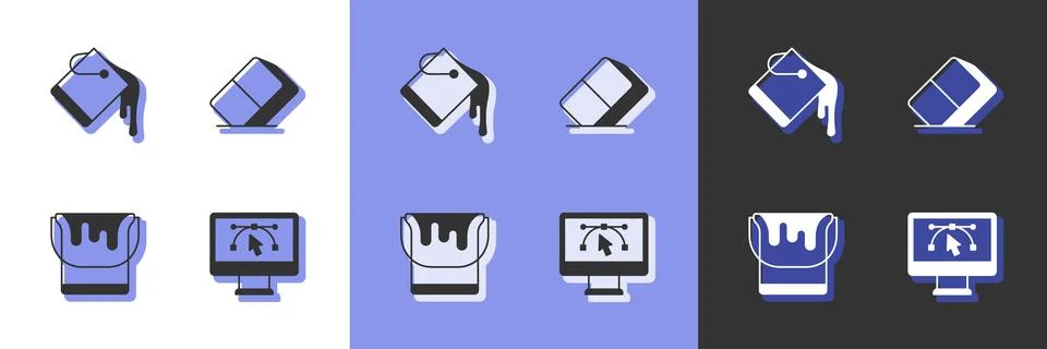 Set Computer with design program, Paint bucket,  and Eraser or rubber icon... Stock Illustration
