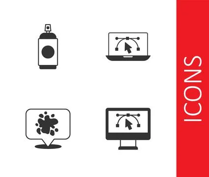 Set Computer with design program, Paint spray can,  and  icon. Vector Illustrazione stock