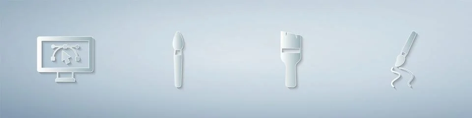 Set Computer with design program, Paint brush,  and . Paper art style. Vector Stock-Illustration