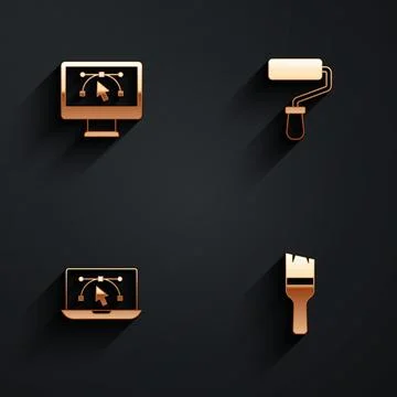 Set Computer with design program, Paint roller brush,  and  icon with long .. 스톡 일러스트