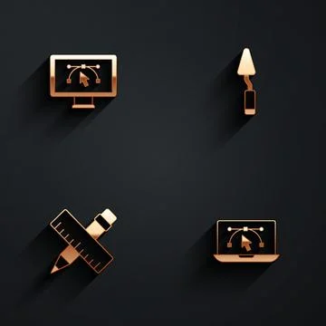 Set Computer with design program, Palette knife, Crossed ruler and pencil and Stock Illustration