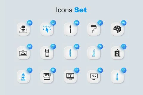 Set Computer with design program, Pencil case stationery, Bezier curve, Tub.. Stock-Illustration