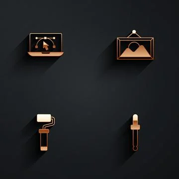 Set Computer with design program, Picture landscape, Paint roller brush and.. Stock Illustration