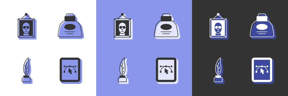 Set Computer with design program, Picture, Feather and inkwell and Inkwell .. イラスト素材