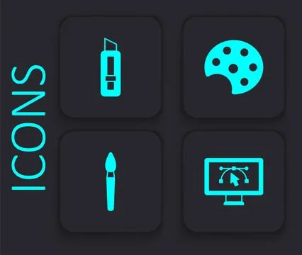 Set Computer with design program, Stationery knife, Palette and Paint brush.. Illustrazione stock