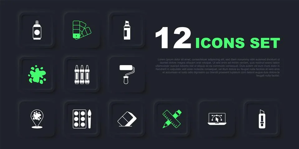 Set Computer with design program, Stationery knife, Wax crayons for drawing.. Stock Illustration