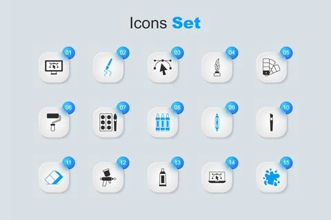 Set Computer with design program, Watercolor paints in box, Paint brush, Er.. Stock Illustration