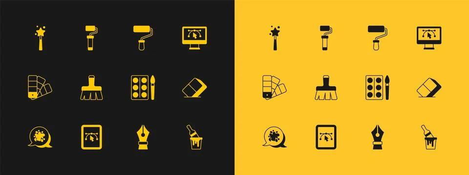 Set Computer with design program, Watercolor paints in box, Fountain pen ni.. Stock Illustration