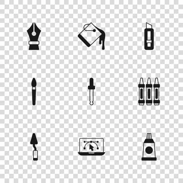 Set Computer with design program Wax crayons for drawing Tube paint palette E Stock Illustration