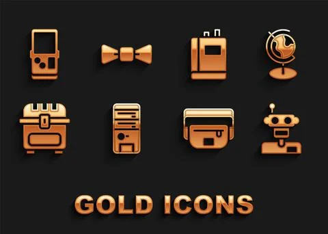 Set Computer, Earth globe, Robot, Waist bag of banana, Antique treasure chest Illustrazione stock