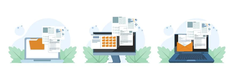 Set of computer files and document illustrations with email attachments Stock Illustration