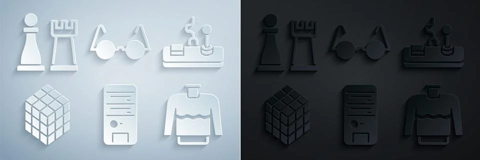 Set Computer, Gamepad, Rubik cube, Sweater, Eyeglasses and Chess icon. Vector イラスト素材