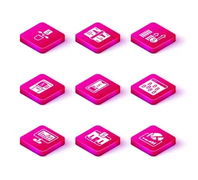 Set Computer with growth graph, Bank building, ATM and money, Mobile dollar.. Ilustración de archivo