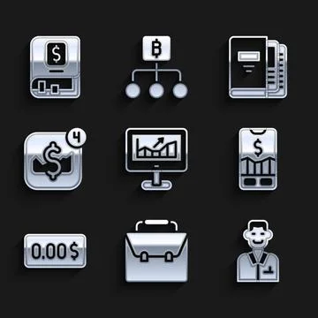 Set Computer with growth graph, Briefcase, Trader, Mobile stock trading, Zero Illustrazione stock