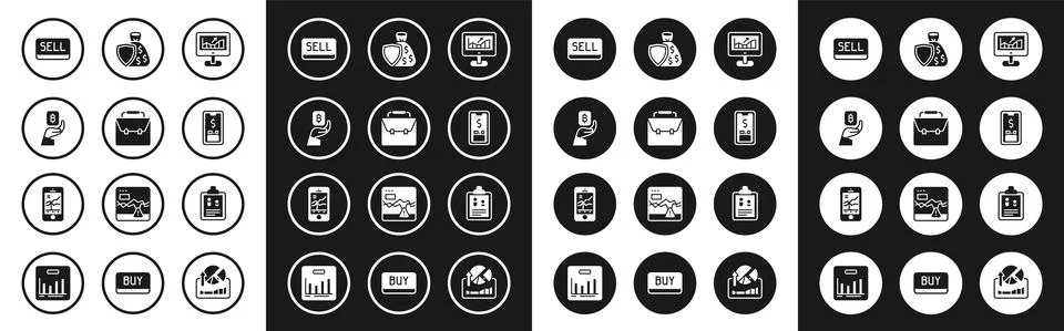 Set Computer with growth graph, Briefcase, Hand holding Bitcoin, Sell button Stock Illustration