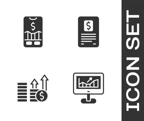 Set Computer with growth graph, Mobile stock trading, Financial and dollar and Stock Illustration