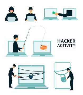 Set of computer hacker activity of stealing data flat cartoon style Stockillustratie