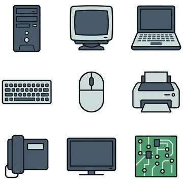 Set of computer hardware and digital device icons on a clean white background イラスト素材