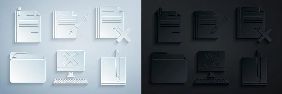 Set Computer with keyboard and x mark, Delete file document, Document folder Illustrazione stock