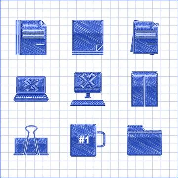 Set Computer with keyboard and x mark, Coffee cup, Document folder, Envelope Stock Illustration