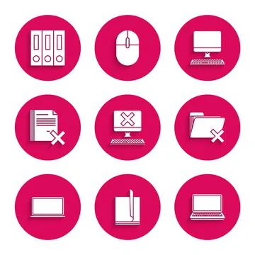 Set Computer with keyboard and x mark, File document, Laptop, Delete folder Illustrazione stock