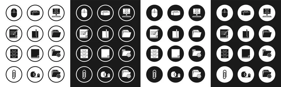 Set Computer with keyboard and x mark, File document, Blank notebook pen, mouse 스톡 일러스트