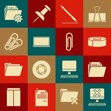 Set Computer with keyboard and x mark, Document folder, Scotch, Pen line, Laptop Stock Illustration