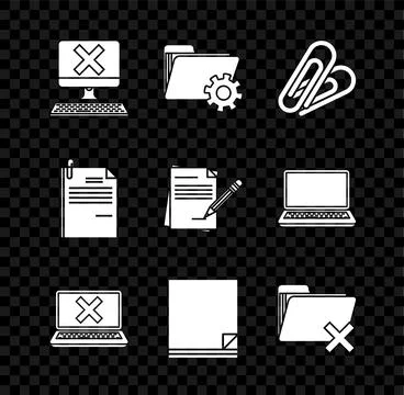 Set Computer with keyboard and x mark, Folder settings gears, Paper clip, L.. Stock Illustration