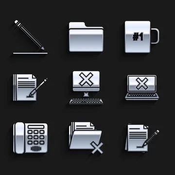 Set Computer with keyboard and x mark, Delete folder, Blank notebook pencil.. イラスト素材