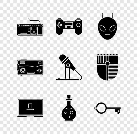 Set Computer keyboard, Gamepad, Alien, Laptop, Bottle with magic elixir, Ancient Stock Illustration