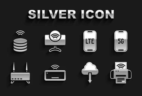 Set Computer keyboard, Mobile with 5G, Smart printer system, Cloud download Stock Illustration