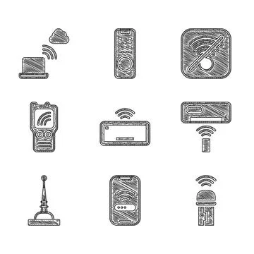 Set Computer keyboard, Mobile with wi-fi wireless, Usb adapter, Air conditioner Stock Illustration