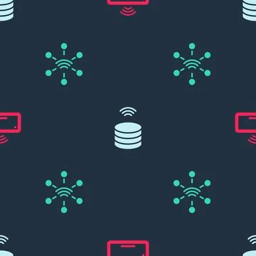 Set Computer keyboard, Smart data server and Network on seamless pattern. V.. Illustrazione stock