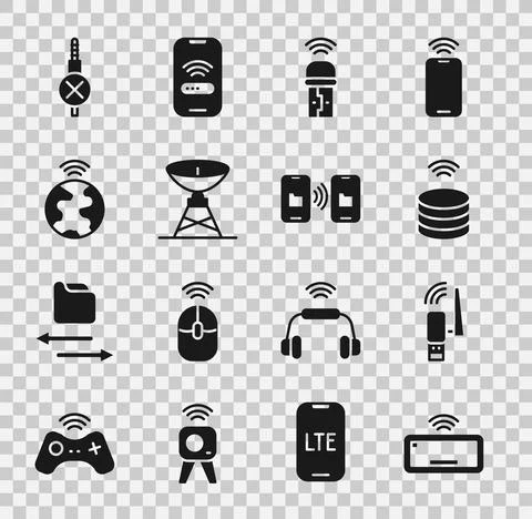 Set Computer keyboard, Usb wireless adapter, Smart data server, Satellite dish Illustrazione stock