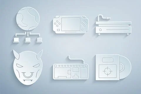Set Computer keyboard, Video game console, Mask of the devil with horns, CD DVD Stock Illustration