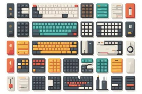 A set of computer keyboards and mouses with different types of keys and num.. Stockillustratie