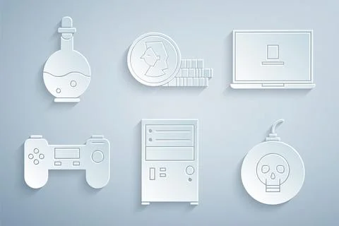 Set Computer, Laptop, Gamepad, Bomb ready explode, Coin for game and Bottle with Illustrazione stock