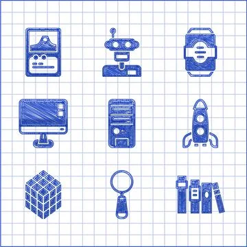 Set Computer, Magnifying glass, Book, Rocket ship, Rubik cube, monitor screen Stockillustratie