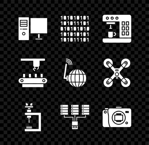 Set Computer monitor, Binary code, Coffee machine, Microscope, Server, Data, Web Stock Illustration