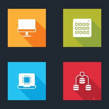 Set Computer monitor, Binary code, Processor CPU and Server, Data icon. Vector Stock Illustration