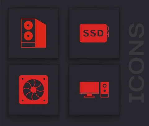 Set Computer monitor, Case of computer, SSD card and cooler icon. Vector Illustrazione stock
