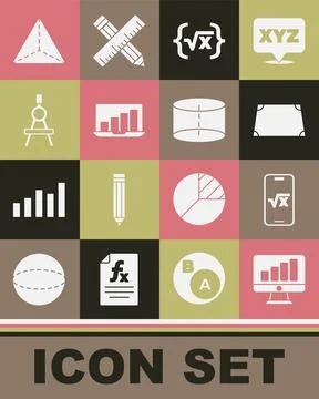 Set Computer monitor with graph chart, Square root of x glyph, Acute trapezoid Stock Illustration